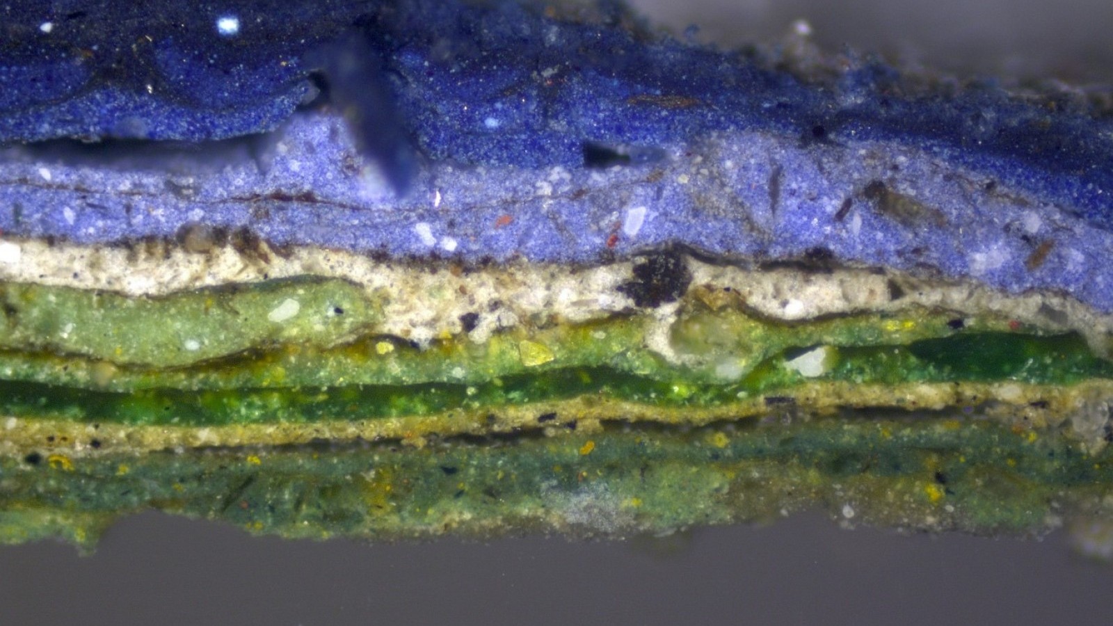 Cross sectional microscope image of the paint layers inside the boat