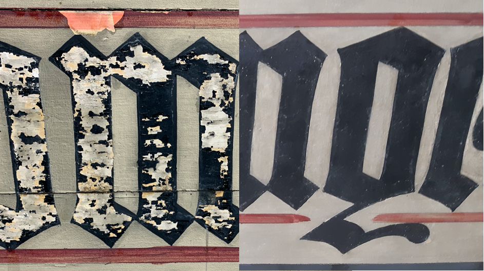 Black lettering before and after conservation work
